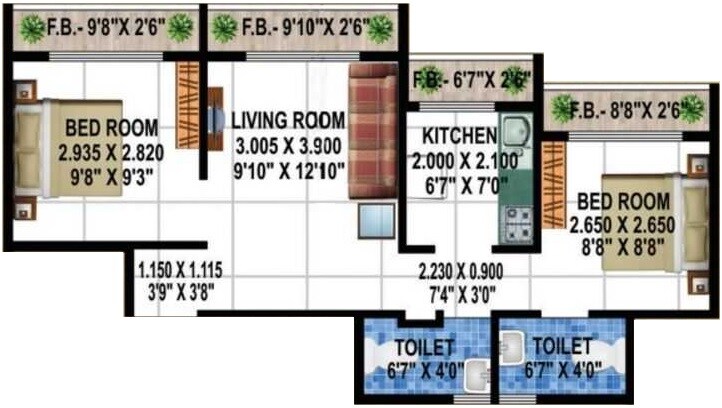 Floor plan of 2 BHK 444 Sq. Ft. Apartment in Shree Ganesh Nagar, Navi Mumbai