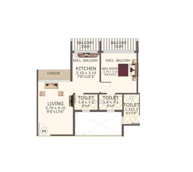 Floor plan of 1 BHK 305 Sq. Ft. Apartment in Shree Hari Priya, Navi Mumbai