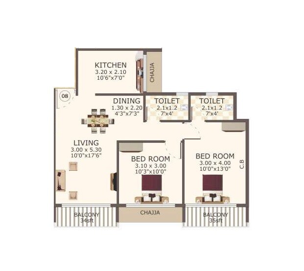 Floor plan of 2 BHK 566 Sq. Ft. Apartment in Shree Hari Priya, Navi Mumbai