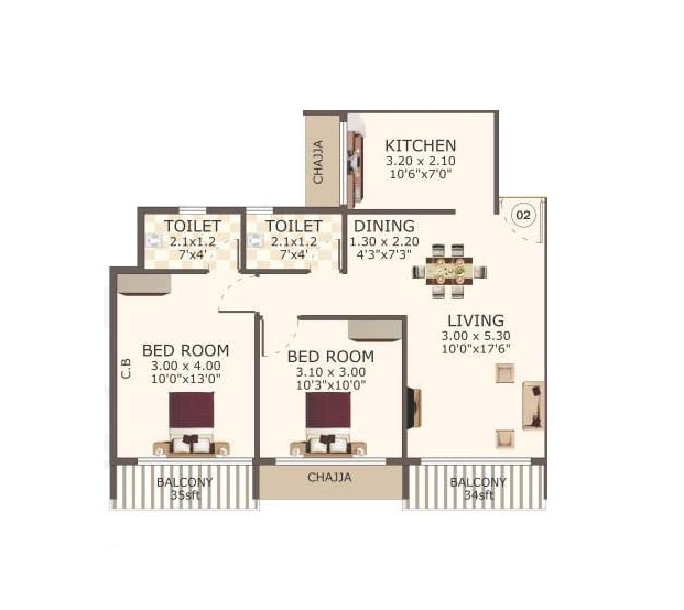 Floor plan of 2 BHK 580 Sq. Ft. Apartment in Shree Hari Priya, Navi Mumbai