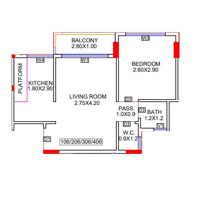 Floor plan of 1 BHK Apartment - 299 sq. ft. in Shree Heramb Residency, Navi Mumbai