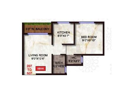 Floor plan of 1 BHK 338 Sq. Ft. Apartment in Shree Hill Side Residency, Navi Mumbai