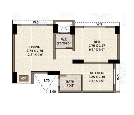 Floor plan of 1 BHK 346 Sq. Ft. Apartment in Shree Hill Side Residency, Navi Mumbai