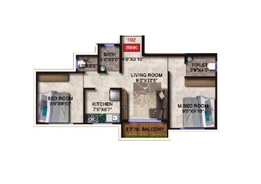 Floor plan of 2 BHK 472 Sq. Ft. Apartment in Shree Hill Side Residency, Navi Mumbai