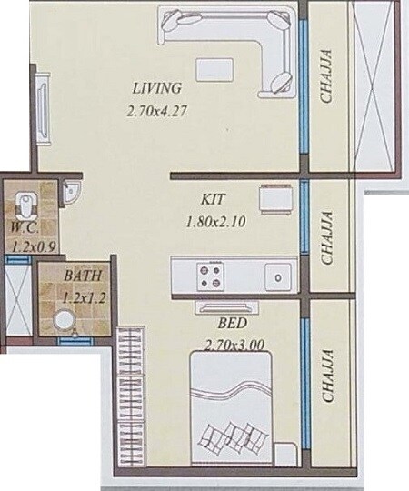 Floor plan of 1 BHK 212 Sq. Ft. Apartment in Shree Hrishikesh 1, Navi Mumbai