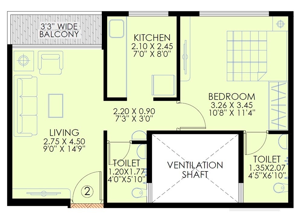 Floor plan of 1 BHK 443 Sq. Ft. Apartment in Shree Kanha Heights, Navi Mumbai