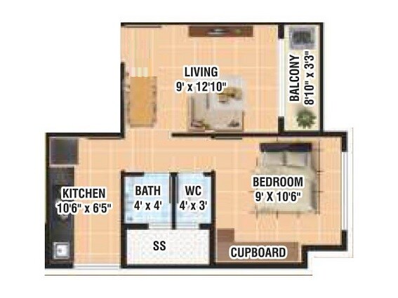 Floor plan of 1 BHK 345 Sq. Ft. Apartment in Shree Mahalaxmi Krupa, Navi Mumbai