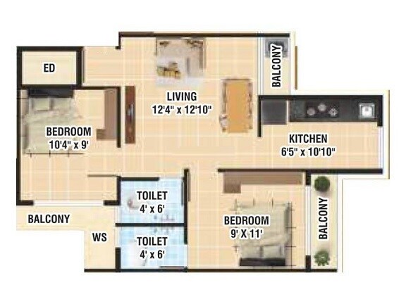 Floor plan of 2 BHK 513 Sq. Ft. Apartment in Shree Mahalaxmi Krupa, Navi Mumbai