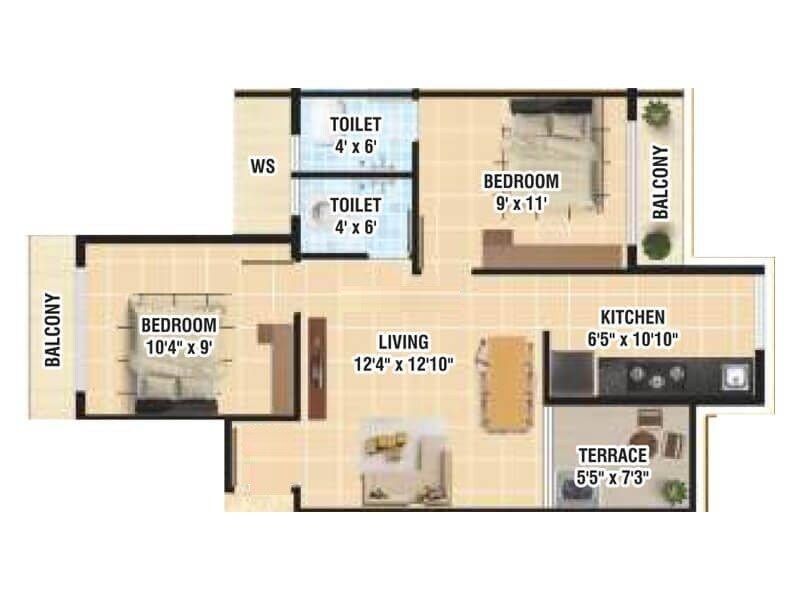 Floor plan of 2 BHK 519 Sq. Ft. Apartment in Shree Mahalaxmi Krupa, Navi Mumbai
