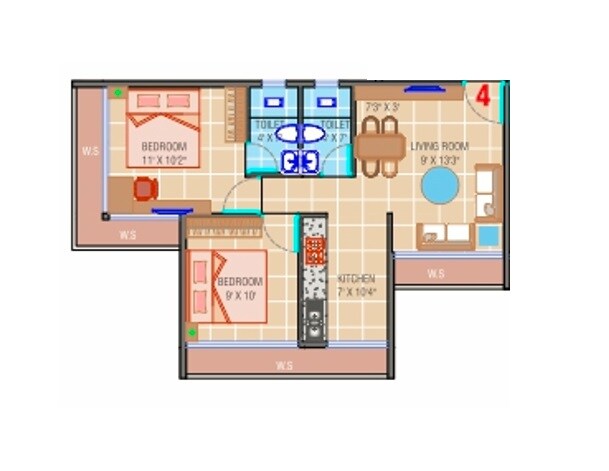 Floor plan of 2 BHK 521 Sq. Ft. Apartment in Shree Mahalaxmi Sankul, Navi Mumbai
