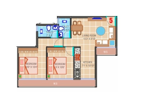Floor plan of 2 BHK 631 Sq. Ft. Apartment in Shree Mahalaxmi Sankul, Navi Mumbai