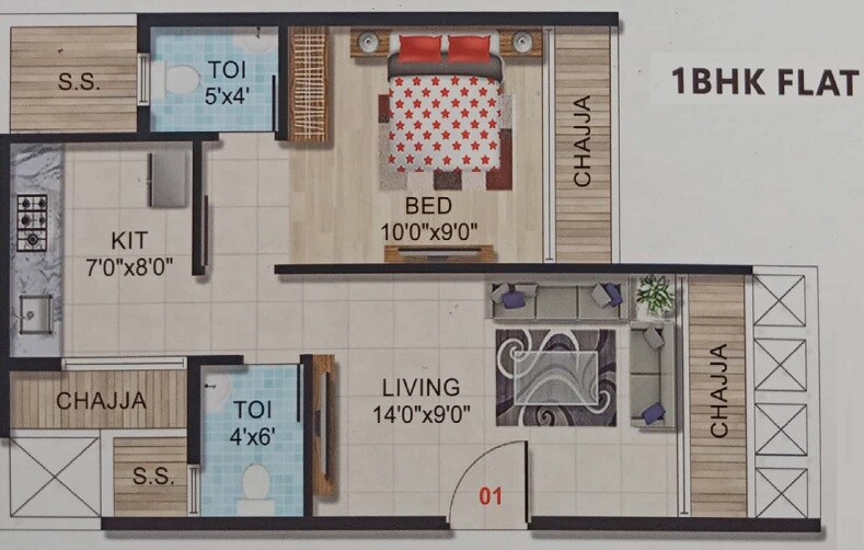 Floor plan of 1 BHK 264 Sq. Ft. Apartment in Shree Mahavir Patel Heights, Navi Mumbai