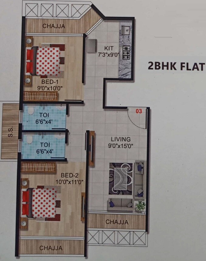 Floor plan of 2 BHK 385 Sq. Ft. Apartment in Shree Mahavir Patel Heights, Navi Mumbai