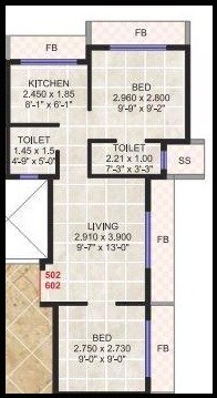 Floor plan of 2 BHK 354 Sq. Ft. Apartment in Shree Raj Uma Pride, Navi Mumbai