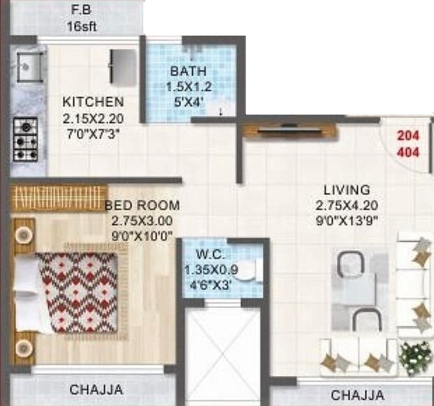 Floor plan of 1 BHK 390 Sq. Ft. Apartment in Shree Ram Samarth Sadguru Sadan, Navi Mumbai