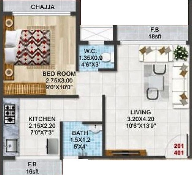 Floor plan of 1 BHK 396 Sq. Ft. Apartment in Shree Ram Samarth Sadguru Sadan, Navi Mumbai