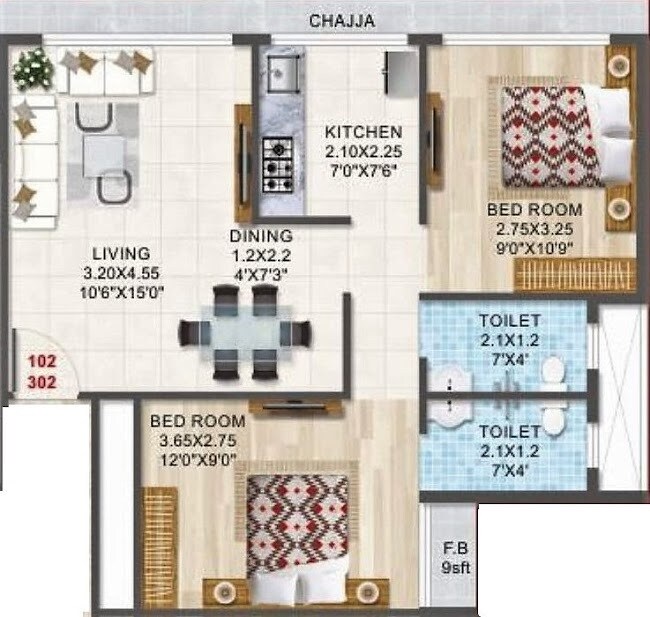 Floor plan of 2 BHK 588 Sq. Ft. Apartment in Shree Ram Samarth Sadguru Sadan, Navi Mumbai