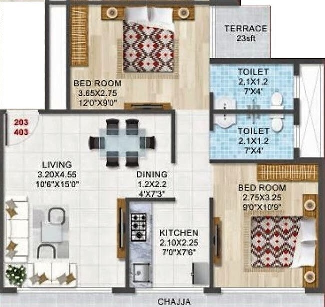 Floor plan of 2 BHK 601 Sq. Ft. Apartment in Shree Ram Samarth Sadguru Sadan, Navi Mumbai