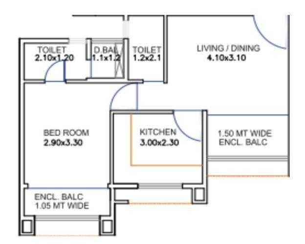 Floor plan of 1 BHK 368 Sq. Ft. Apartment in Shree Sai Amber Residency, Navi Mumbai