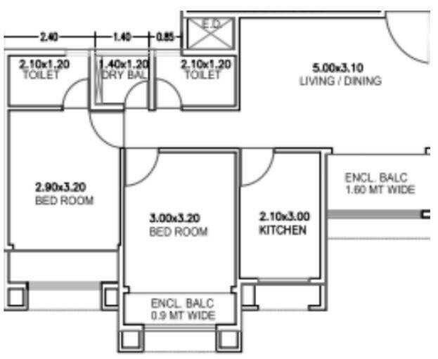 Floor plan of 2 BHK 495 Sq. Ft. Apartment in Shree Sai Amber Residency, Navi Mumbai