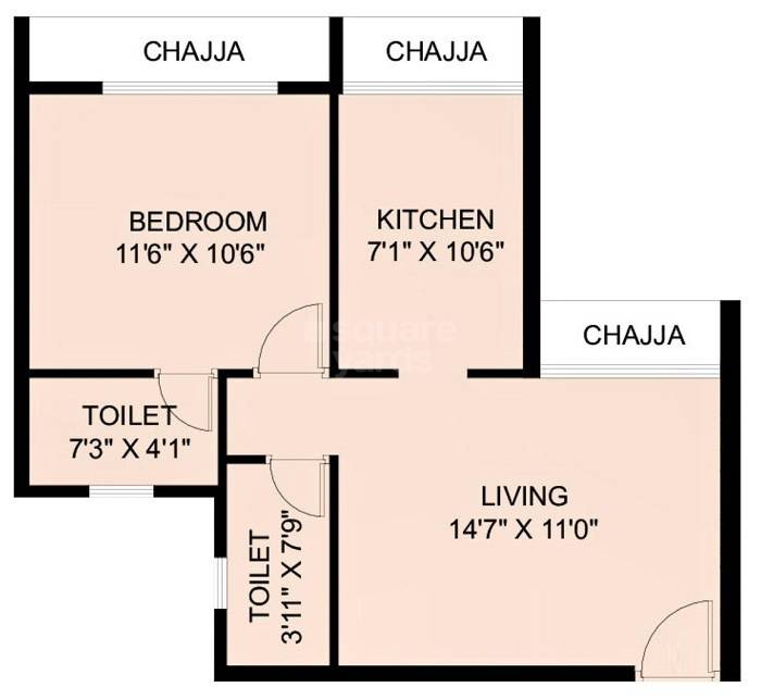 Floor plan of 1 BHK 445 Sq. Ft. Apartment in Shree Sai Ayaana, Navi Mumbai