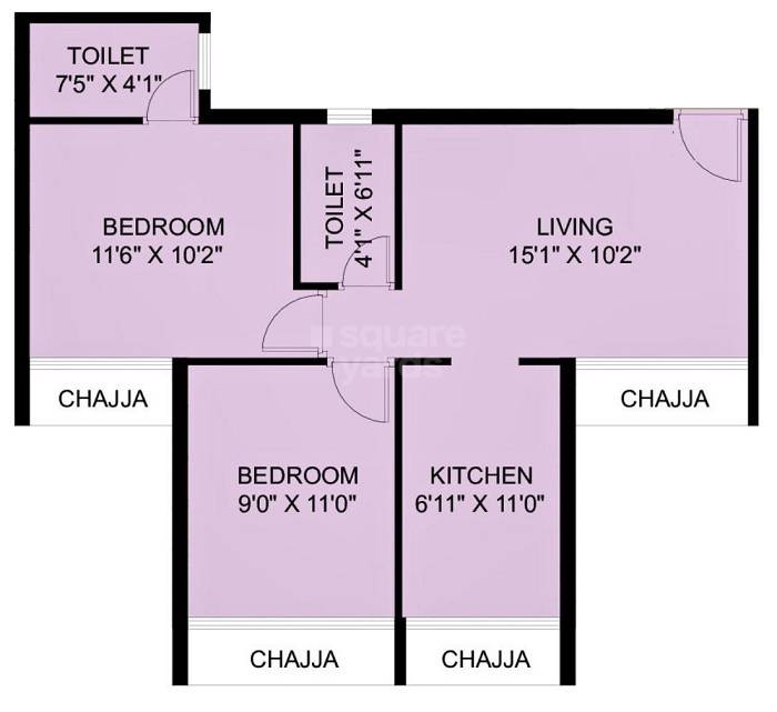 Floor plan of 2 BHK 537 Sq. Ft. Apartment in Shree Sai Ayaana, Navi Mumbai