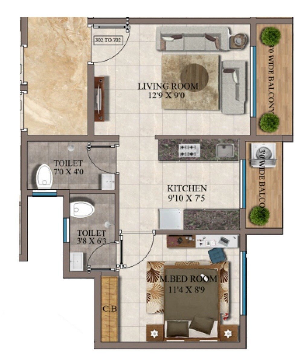 Floor plan of 1 BHK 450 Sq. Ft. Apartment in Shree Sai Miracle Heights, Navi Mumbai
