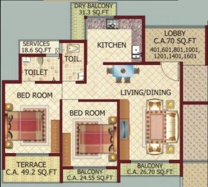 Floor plan of 2 BHK 1160 Sq. Ft. Apartment in Shree Siddhivinayak Tower, Navi Mumbai