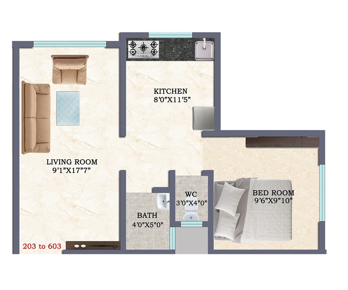 Floor plan of 1 BHK 340 Sq. Ft. Apartment in Shree Swami Darshan, Navi Mumbai