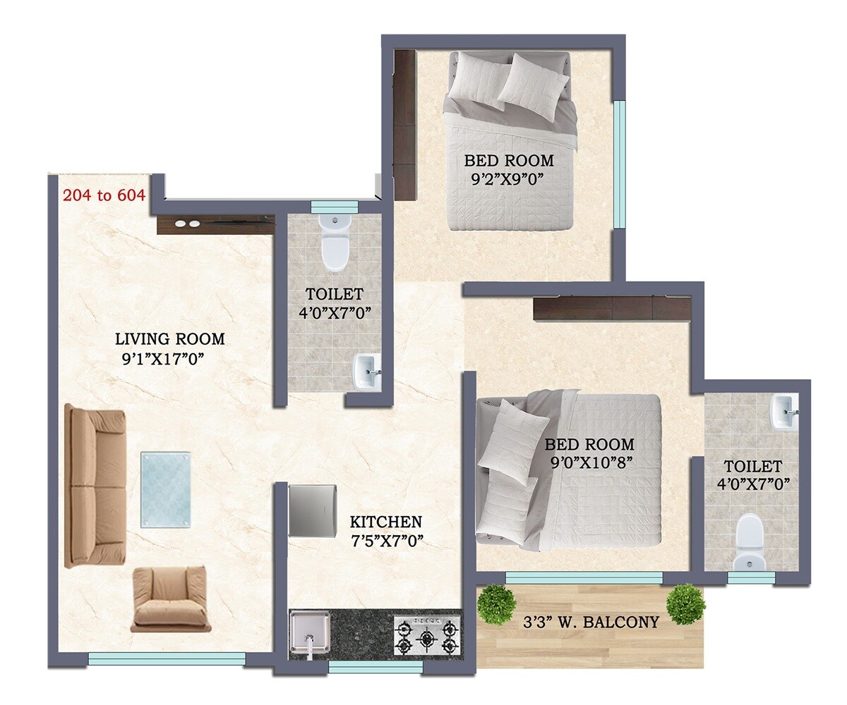 Floor plan of 2 BHK 457 Sq. Ft. Apartment in Shree Swami Darshan, Navi Mumbai