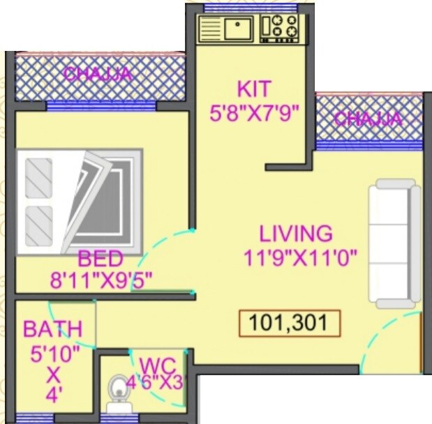 Floor plan of 1 BHK 279 Sq. Ft. Apartment in Shree Swarup Apartments, Navi Mumbai