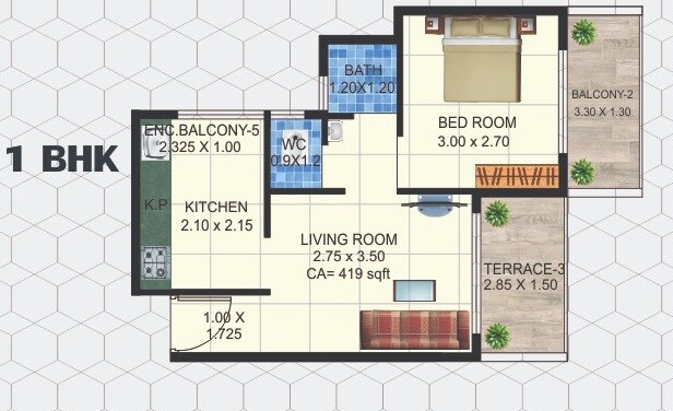 Floor plan of 1 BHK 354 Sq. Ft. Apartment in Shree Vinayak, Navi Mumbai