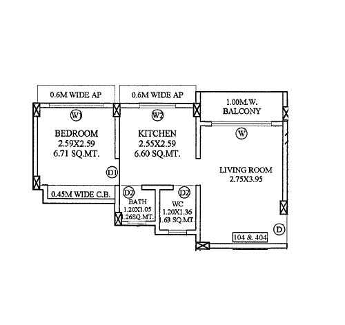 Floor plan of 1 BHK 327 Sq. Ft. Apartment in Shree Vrindavan Homes, Navi Mumbai