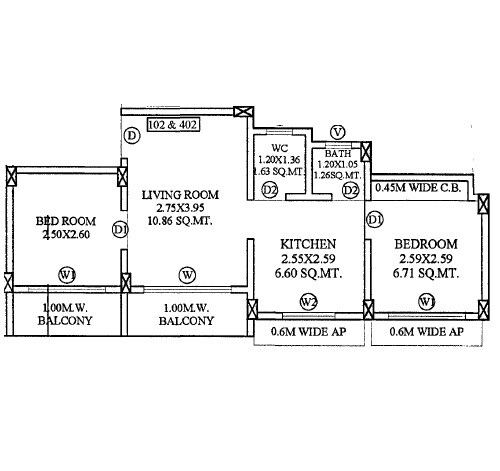 Floor plan of 2 BHK 395 Sq. Ft. Apartment in Shree Vrindavan Homes, Navi Mumbai