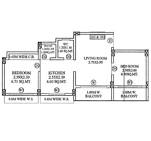 Floor plan of 2 BHK 410 Sq. Ft. Apartment in Shree Vrindavan Homes, Navi Mumbai