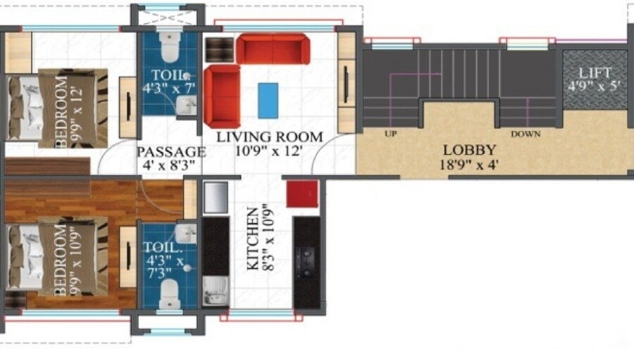 Floor plan of 2 BHK 412 Sq. Ft. Apartment in Shreeji Amreet, Navi Mumbai