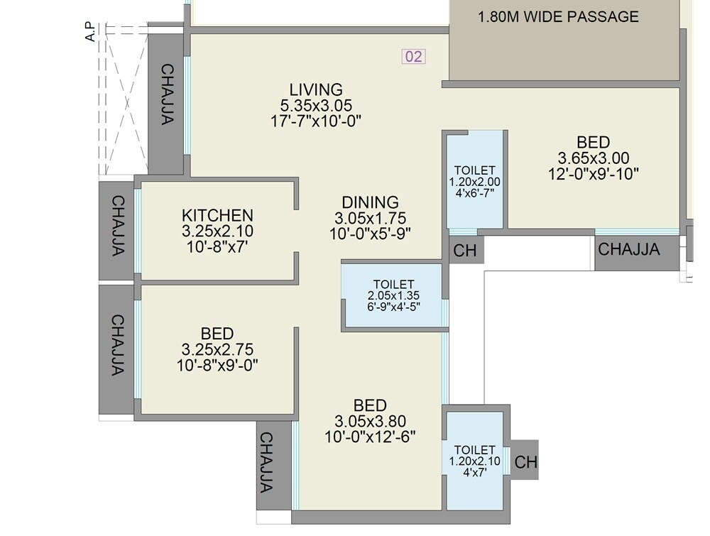 3 BHK 784 Sq. Ft. Apartment