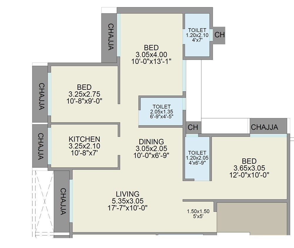 3 BHK 829 Sq. Ft. Apartment