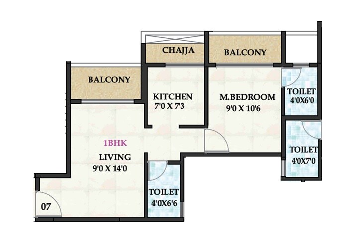 Floor plan of 1 BHK 382 Sq. Ft. Apartment in Shreeji Cloud, Navi Mumbai