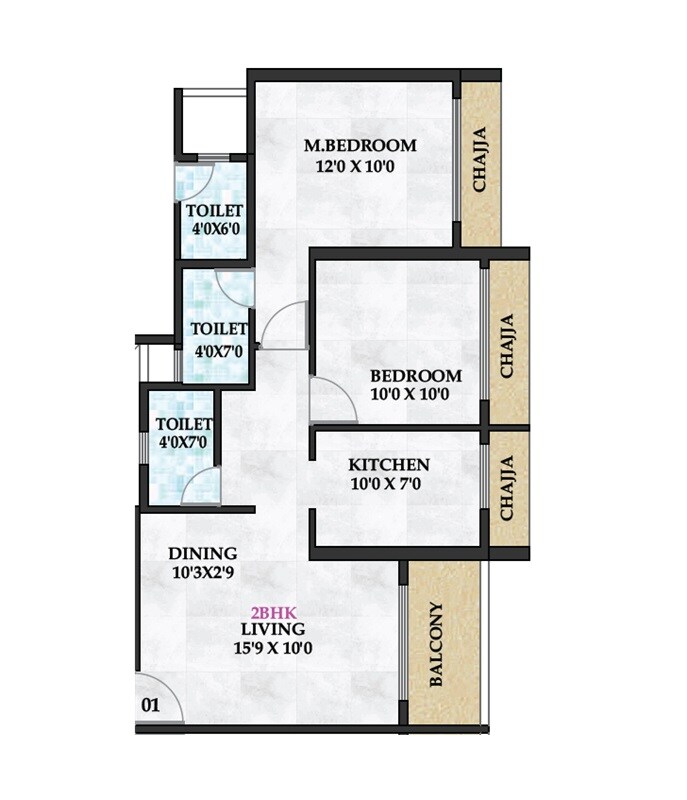 Floor plan of 2 BHK 636 Sq. Ft. Apartment in Shreeji Cloud, Navi Mumbai