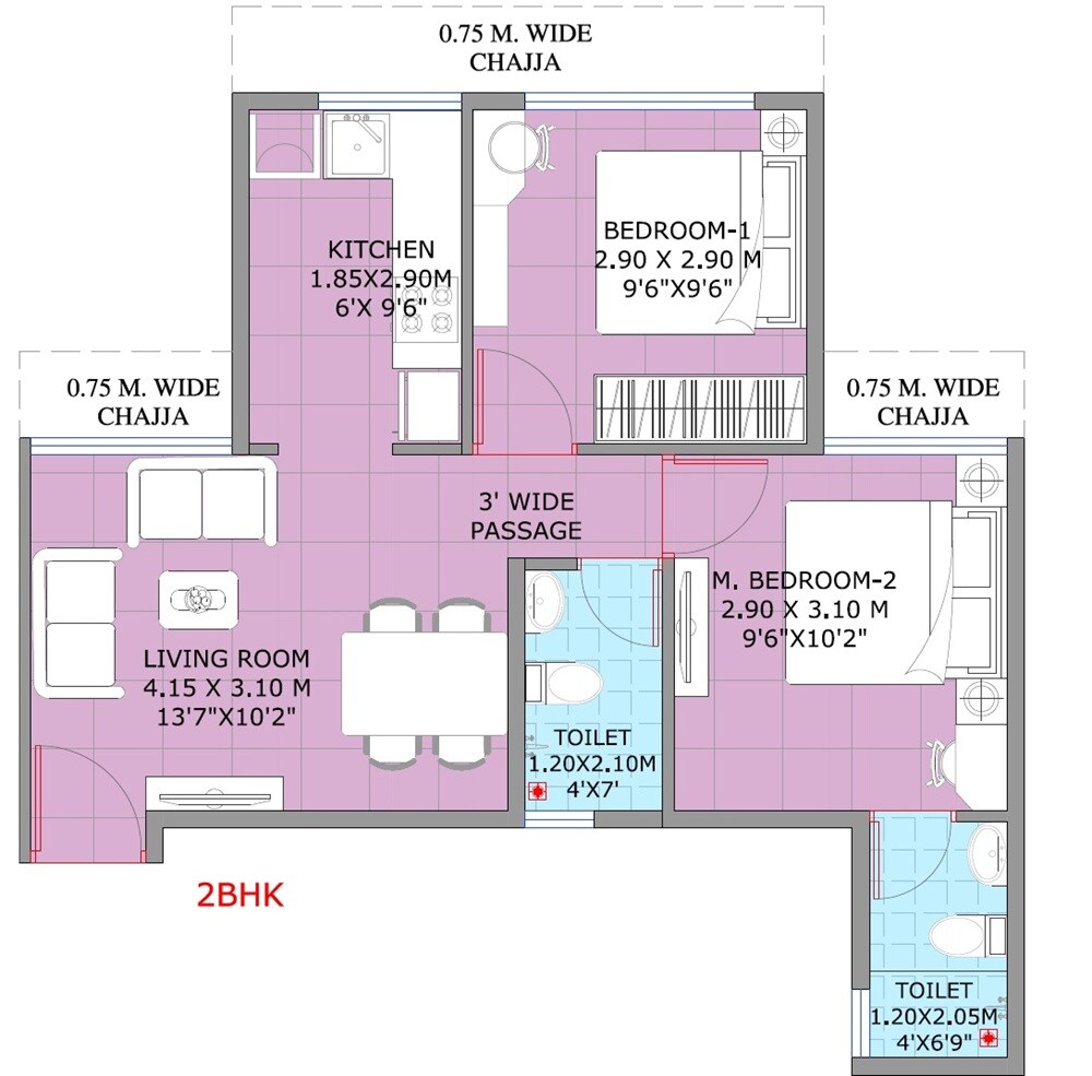 Floor plan of 2 BHK 642 Sq. Ft. Apartment in Shreeji Darshan Nerul, Navi Mumbai