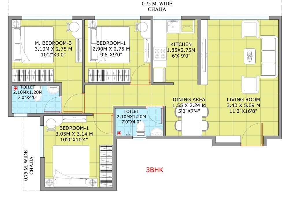 Floor plan of 3 BHK 708 Sq. Ft. Apartment in Shreeji Darshan Nerul, Navi Mumbai