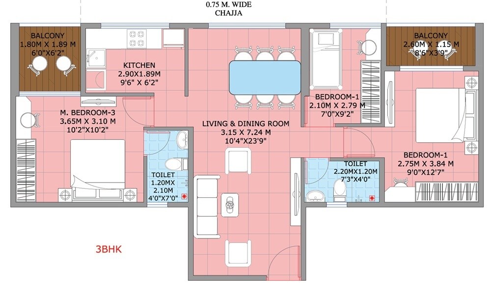 Floor plan of 3 BHK 747 Sq. Ft. Apartment in Shreeji Darshan Nerul, Navi Mumbai