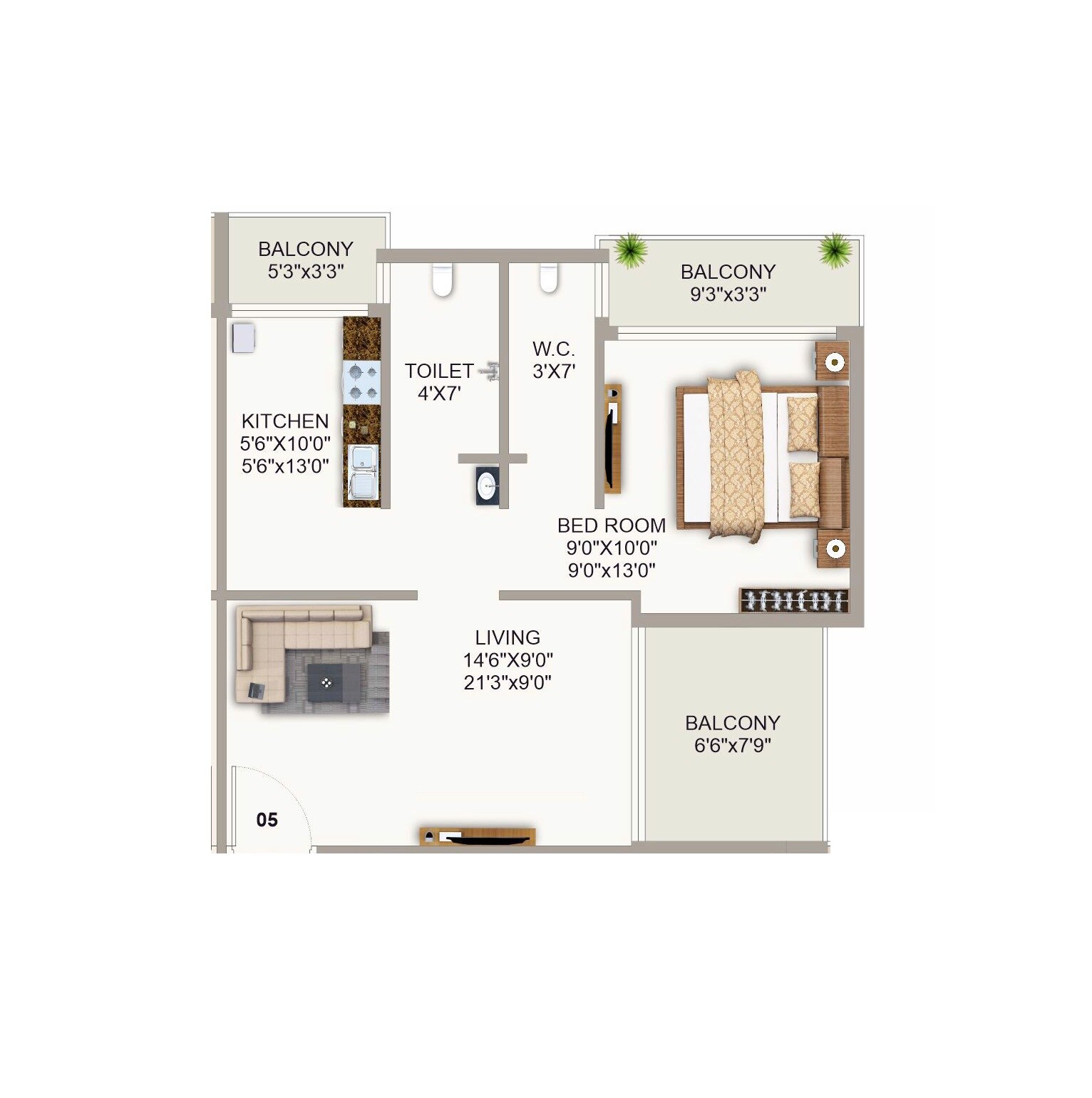 Floor plan of 1 BHK 306 Sq. Ft. Apartment in Shreeji Icon Navi Mumbai, Navi Mumbai
