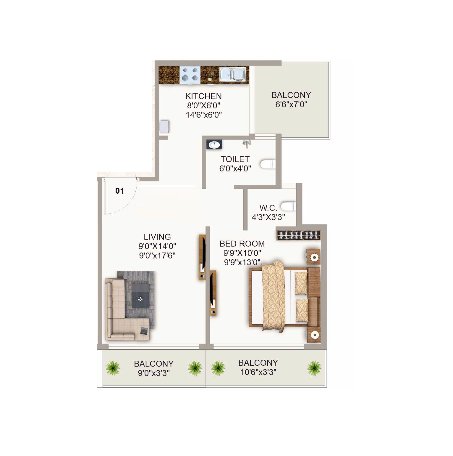 Floor plan of 1 BHK 331 Sq. Ft. Apartment in Shreeji Icon Navi Mumbai, Navi Mumbai