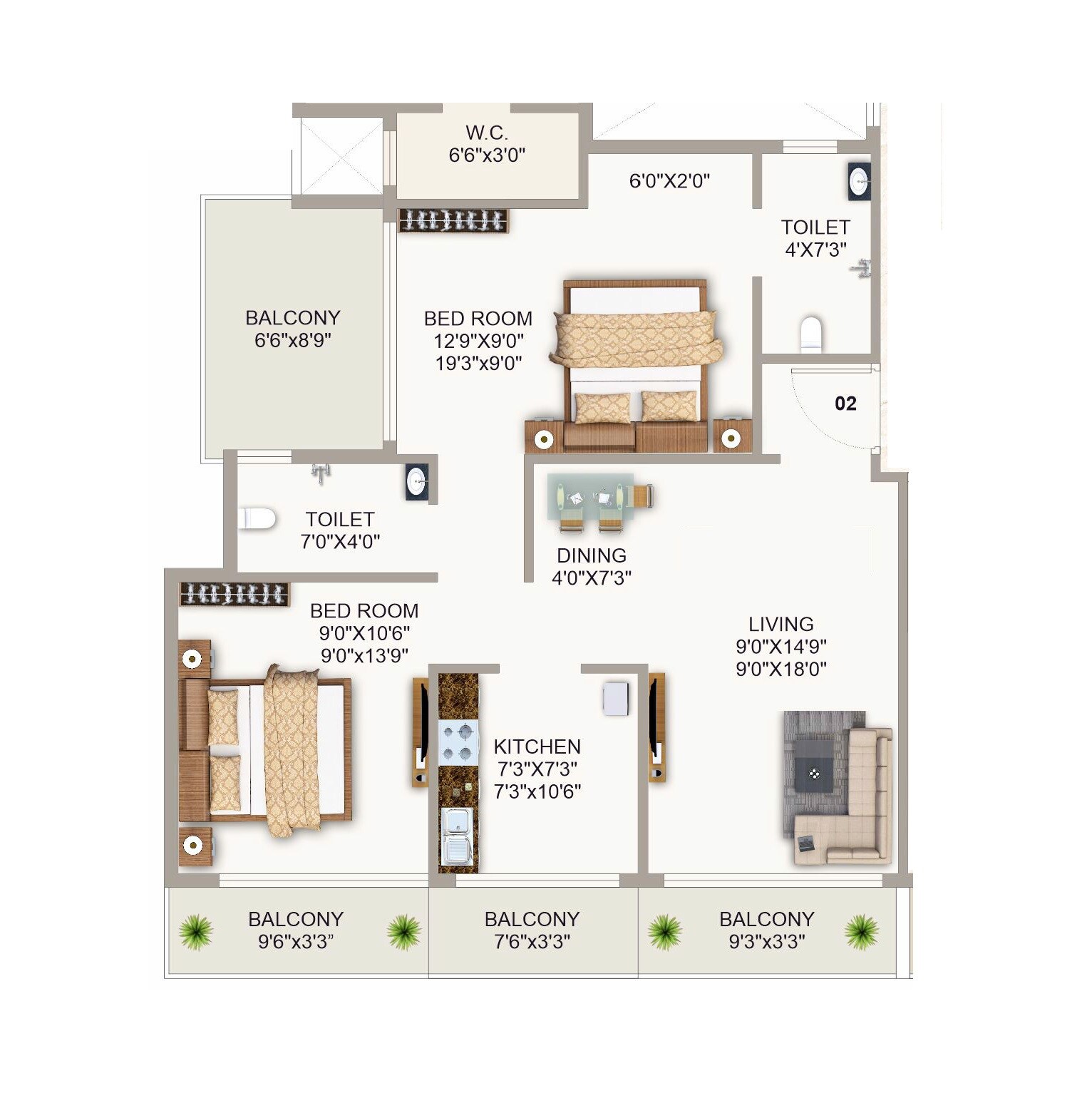Floor plan of 2 BHK 534 Sq. Ft. Apartment in Shreeji Icon Navi Mumbai, Navi Mumbai
