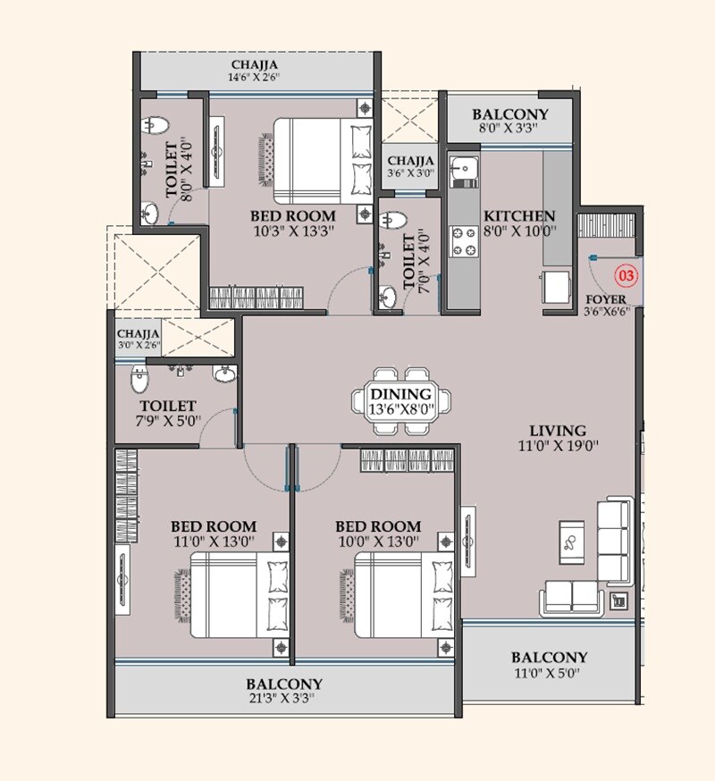 Floor plan of 3 BHK 1026 Sq. Ft. Apartment in Shreeji Infinity, Navi Mumbai