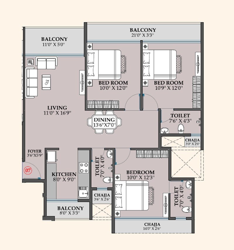 Floor plan of 3 BHK 1143 Sq. Ft. Apartment in Shreeji Infinity, Navi Mumbai