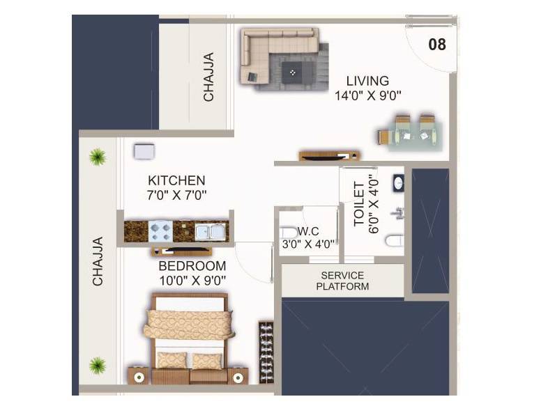 Floor plan of 1 BHK 338 Sq. Ft. Apartment in Shreeji Neelkanth, Navi Mumbai