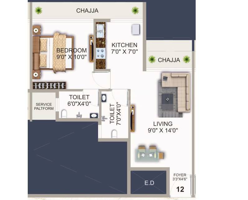 Floor plan of 1 BHK 380 Sq. Ft. Apartment in Shreeji Neelkanth, Navi Mumbai